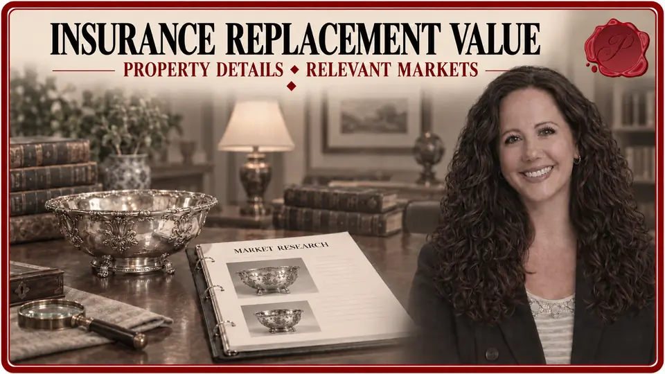 Appraiser beside a silver serving bowl and comparison photographs for insurance replacement-value research.