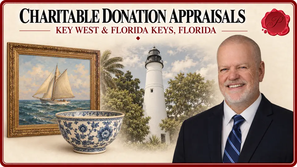 Charitable Donation Appraisals in Key West and the Florida Keys, Florida, with marine oil painting and ceramic bowl, Key West Lighthouse and an appraiser.