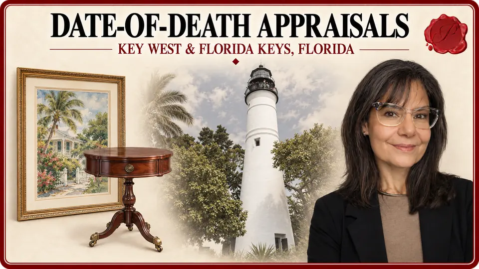 Date-of-Death Appraisals in Key West and the Florida Keys, Florida, with watercolor painting and mahogany side table, Key West Lighthouse and an appraiser.
