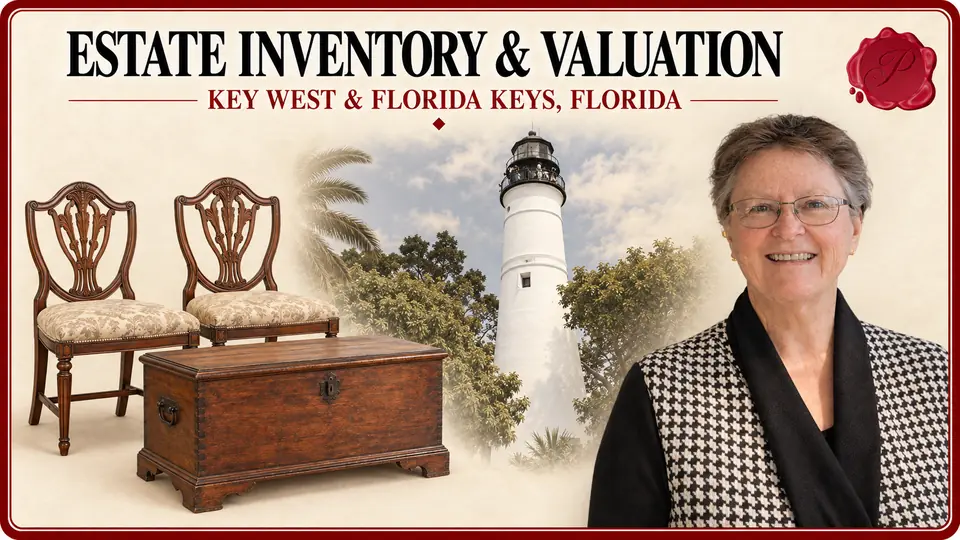 Estate Inventory & Valuation in Key West and the Florida Keys, Florida, with pair of dining chairs and storage chest, Key West Lighthouse and an appraiser.