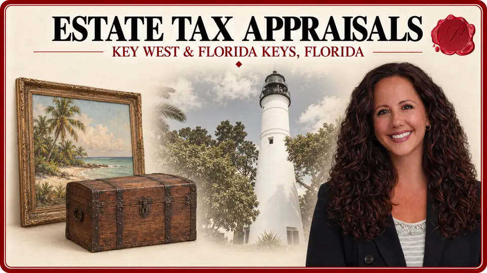 Estate Tax Appraisals in Key West and the Florida Keys, Florida, with antique wooden chest and framed canvas painting, Key West Lighthouse and an appraiser.