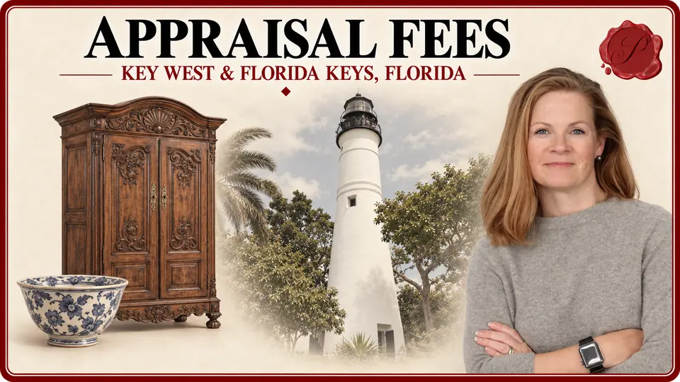 Appraisal Fees in Key West and the Florida Keys, Florida, with small ceramic bowl and large carved wooden cabinet, Key West Lighthouse and an appraiser.