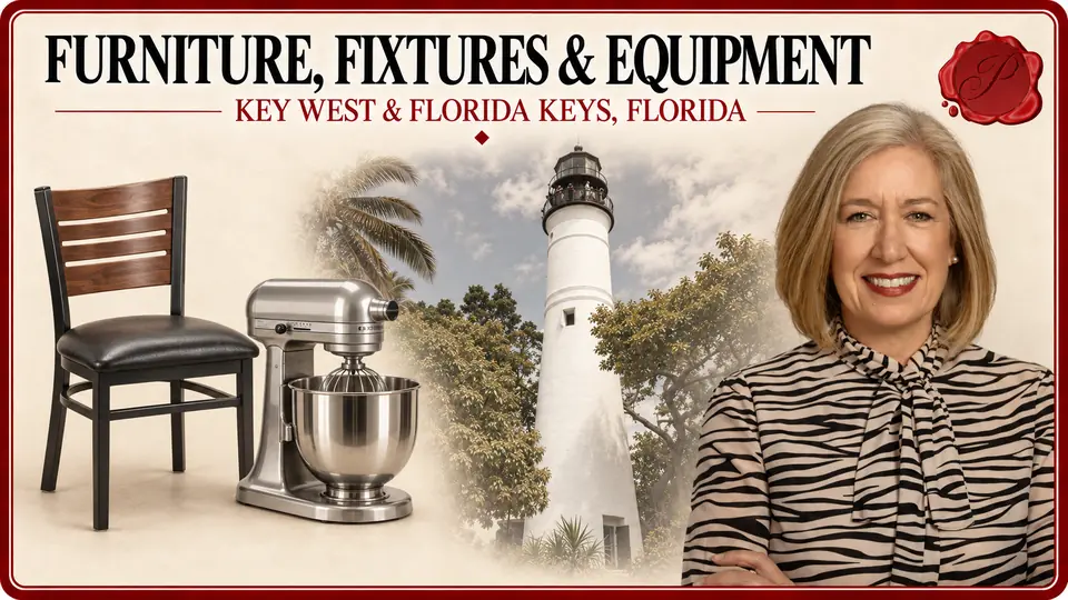 Furniture, Fixtures & Equipment in Key West and the Florida Keys, Florida, with commercial dining chair and countertop mixer, Key West Lighthouse and an appraiser.