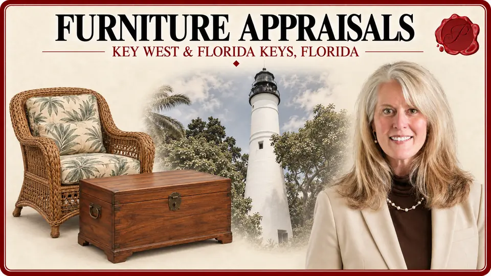 Furniture Appraisals in Key West and the Florida Keys, Florida, with rattan armchair and teak chest, Key West Lighthouse and an appraiser.