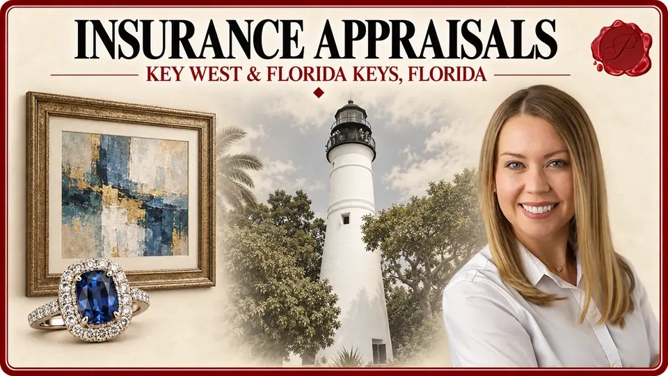 Insurance Appraisals in Key West and the Florida Keys, Florida, with gem-set ring and framed abstract artwork, Key West Lighthouse and an appraiser.