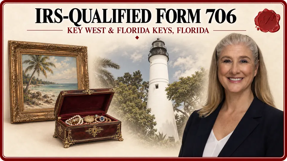 IRS-Qualified Form 706 in Key West and the Florida Keys, Florida, with framed painting and open jewelry casket without papers, Key West Lighthouse and an appraiser.