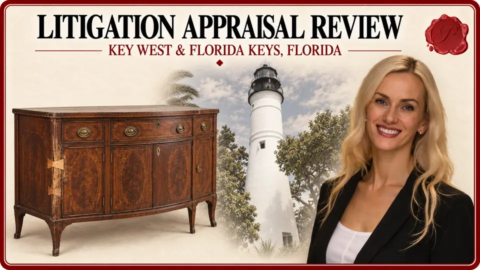 Litigation Appraisal Review in Key West and the Florida Keys, Florida, with antique sideboard with visible old repair, Key West Lighthouse and an appraiser.