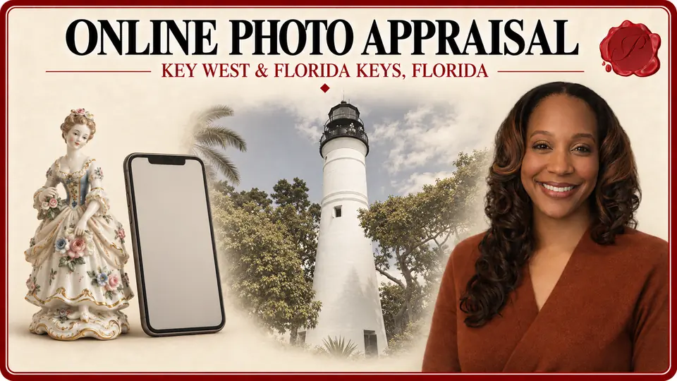 Online Photo Appraisal in Key West and the Florida Keys, Florida, with small porcelain figurine beside smartphone with blank neutral screen, Key West Lighthouse and an appraiser.