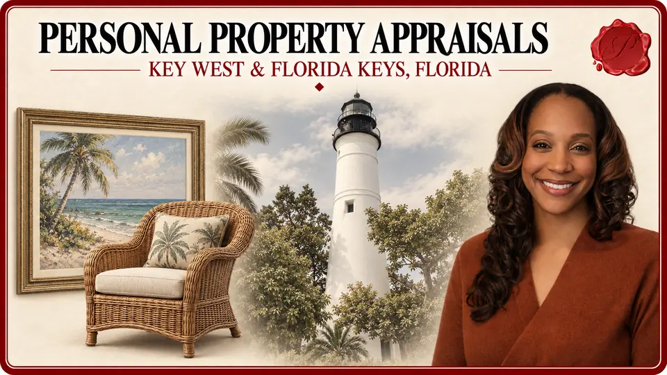 Personal property appraisals in Key West and the Florida Keys, Florida, with a coastal painting, rattan armchair, Key West Lighthouse and an appraiser.