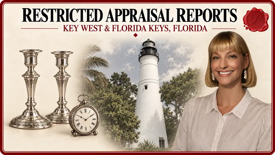 Restricted Appraisal Reports in Key West and the Florida Keys, Florida, with silver candlesticks and small desk clock, Key West Lighthouse and an appraiser.