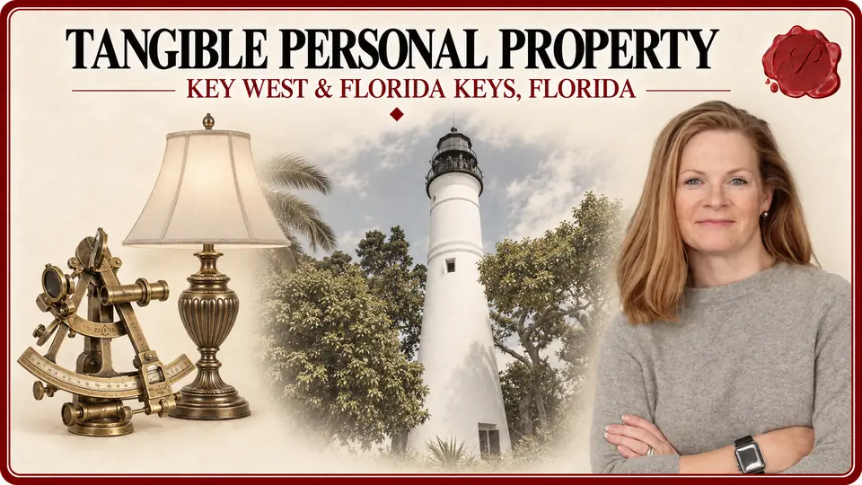Tangible personal property in Key West and the Florida Keys, Florida, with a brass nautical instrument, table lamp, Key West Lighthouse and an appraiser.