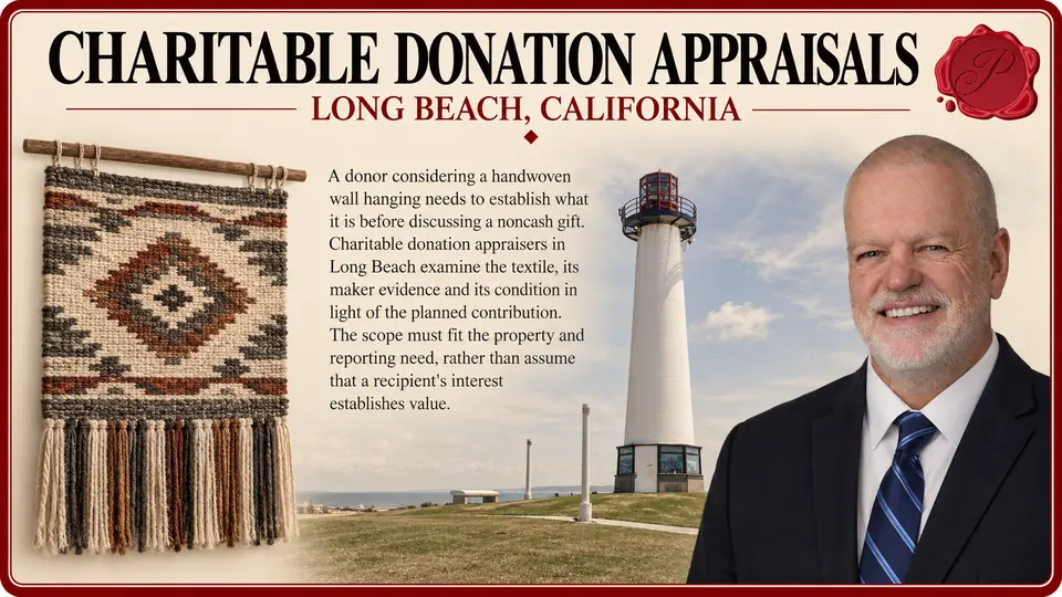 Charitable donation appraisals in Long Beach, California: one large handwoven wool wall hanging on a simple wooden hanging rod with Lions Lighthouse and an appraiser.