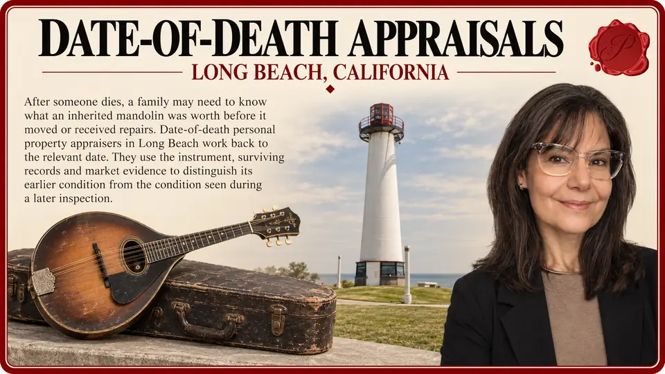 Date-of-death appraisals in Long Beach, California: one antique mandolin with a worn fitted hard case with Lions Lighthouse and an appraiser.