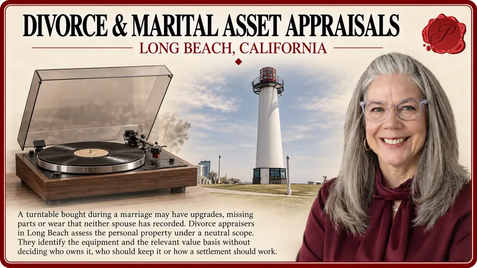 Divorce & marital asset appraisals in Long Beach, California: one vintage turntable with dust cover raised with Lions Lighthouse and an appraiser.