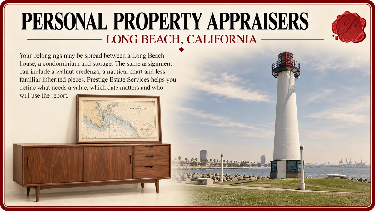 Personal property appraisers in Long Beach, California: a walnut mid-century credenza and a framed nautical chart with Lions Lighthouse.