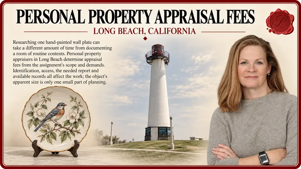 Personal property appraisal fees in Long Beach, California: one hand-painted ceramic wall plate on a minimal display stand with Lions Lighthouse and an appraiser.
