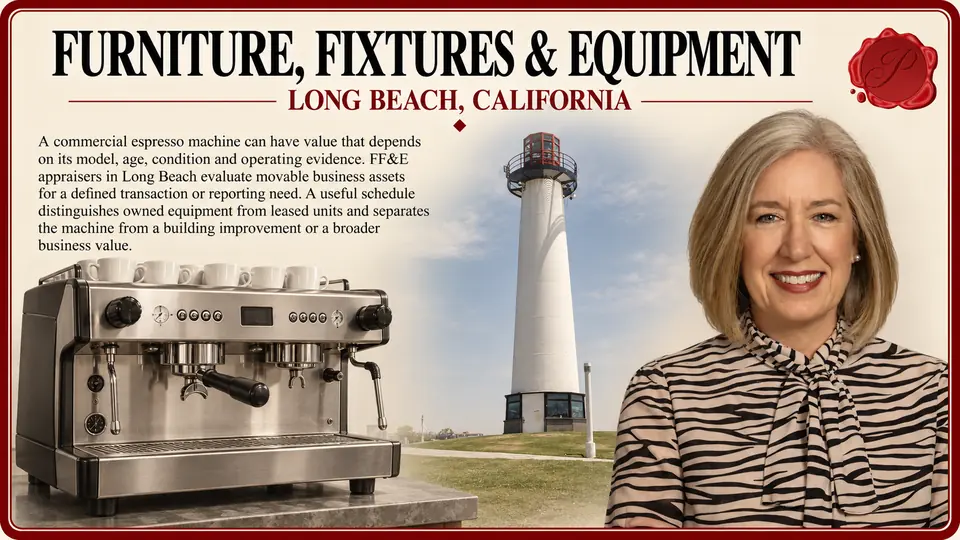 Furniture, fixtures & equipment in Long Beach, California: one commercial espresso machine with portafilter attached with Lions Lighthouse and an appraiser.