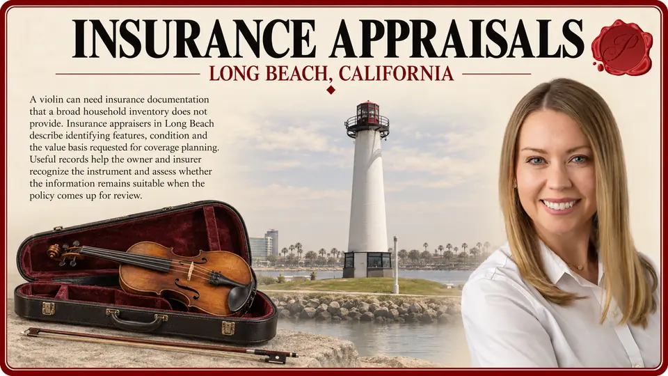 Insurance appraisals in Long Beach, California: one violin and its bow beside an open fitted case with Lions Lighthouse and an appraiser.
