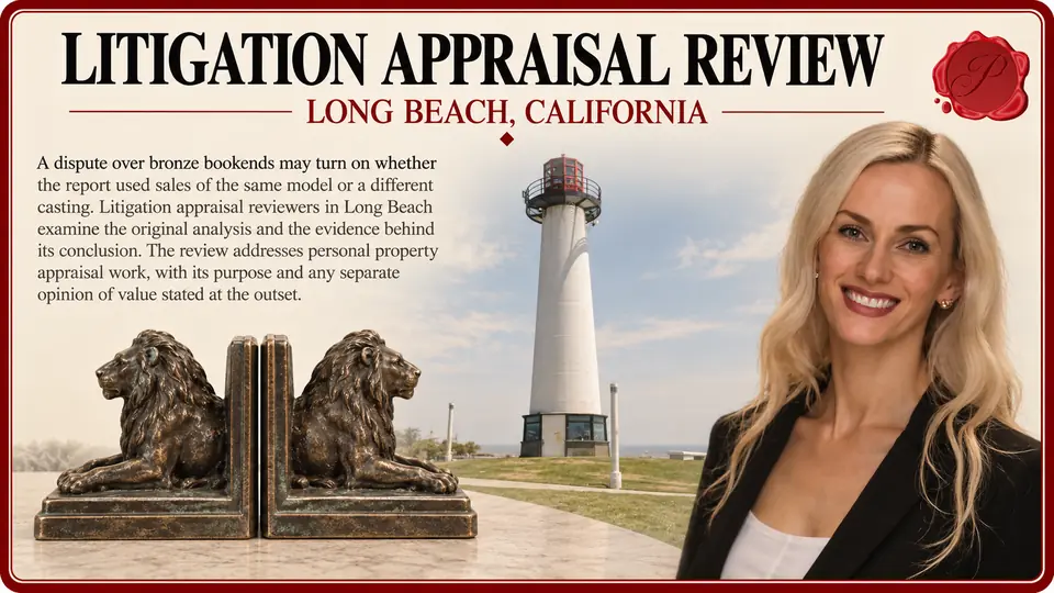 Litigation appraisal review in Long Beach, California: one pair of cast-bronze animal bookends with Lions Lighthouse and an appraiser.