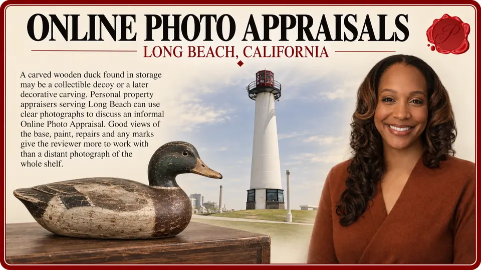Online photo appraisals in Long Beach, California: one hand-carved wooden duck decoy with Lions Lighthouse and an appraiser.