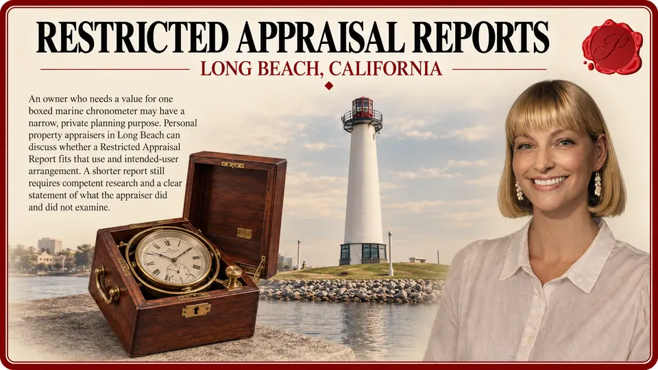 Restricted appraisal reports in Long Beach, California: one boxed marine chronometer with brass dial with Lions Lighthouse and an appraiser.