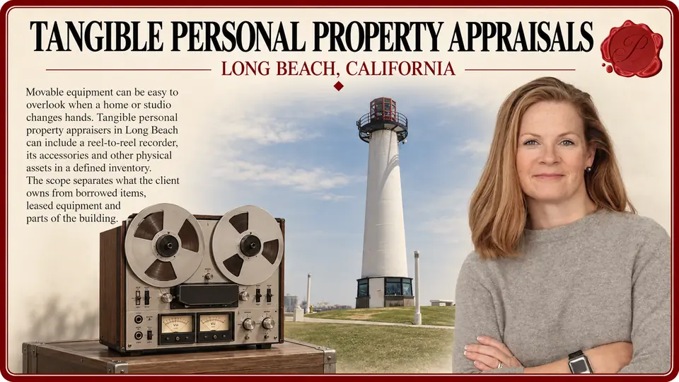 Tangible personal property appraisals in Long Beach, California: one vintage reel-to-reel tape recorder with Lions Lighthouse and an appraiser.