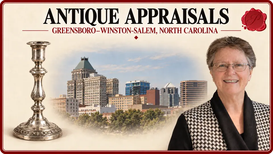 Antique appraisals in Greensboro–Winston-Salem, North Carolina, illustrated by a metal candlestick, an appraiser and the Greensboro skyline.