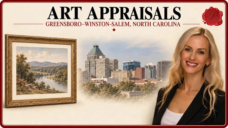 Art appraisals in Greensboro–Winston-Salem, North Carolina, illustrated by a framed landscape print, an appraiser and the Greensboro skyline.