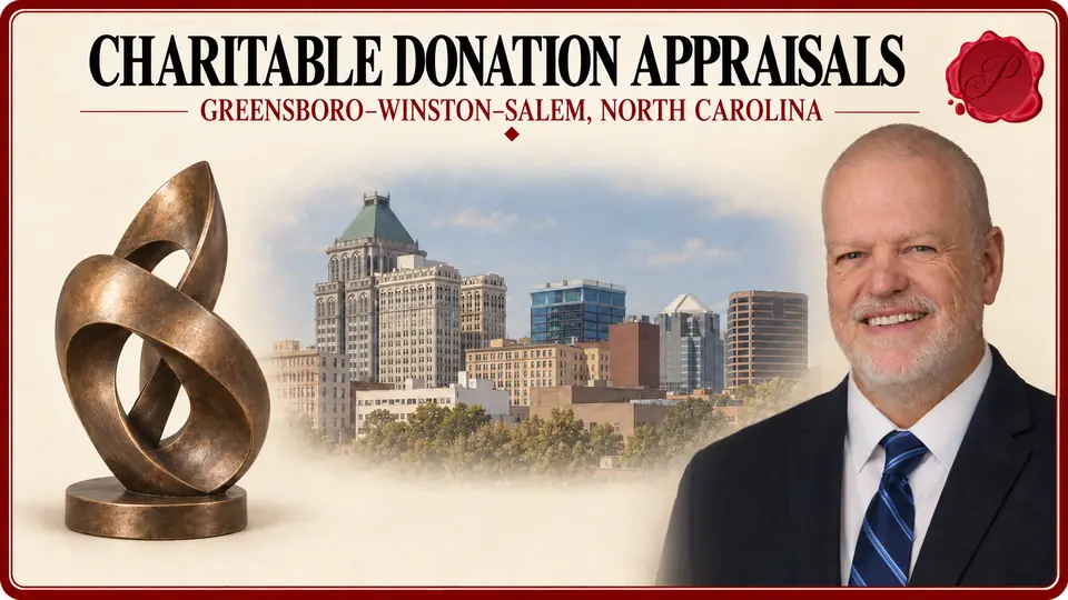 Charitable donation appraisals in Greensboro–Winston-Salem, North Carolina, illustrated by an abstract curved sculpture, an appraiser and the Greensboro skyline.