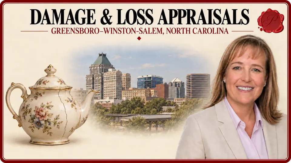 Damage & loss appraisals in Greensboro–Winston-Salem, North Carolina, illustrated by a teapot with a hairline crack, an appraiser and the Greensboro skyline.