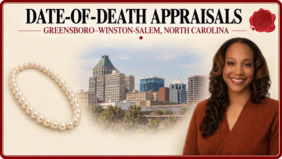 Date-of-death appraisals in Greensboro–Winston-Salem, North Carolina, illustrated by a pearl-style necklace, an appraiser and the Greensboro skyline.