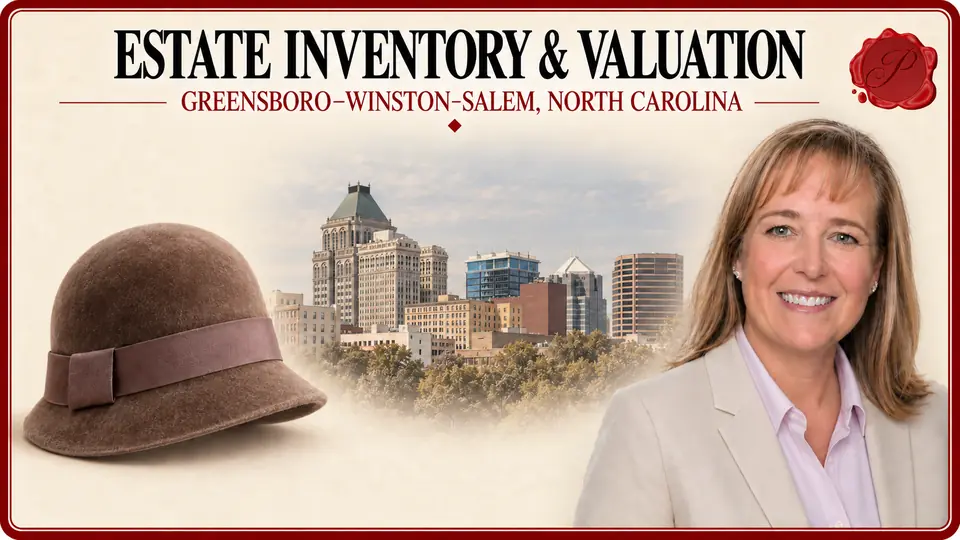 Estate inventory & valuation in Greensboro–Winston-Salem, North Carolina, illustrated by a felt cloche hat, an appraiser and the Greensboro skyline.