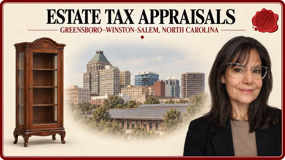 Estate tax appraisals in Greensboro–Winston-Salem, North Carolina, illustrated by a wooden display cabinet, an appraiser and the Greensboro skyline.