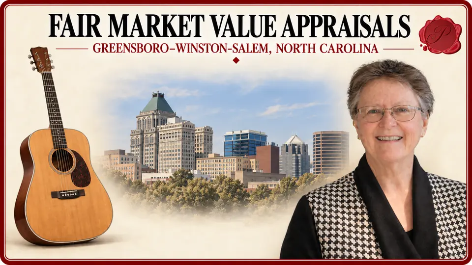 Fair market value appraisals in Greensboro–Winston-Salem, North Carolina, illustrated by an acoustic guitar, an appraiser and the Greensboro skyline.