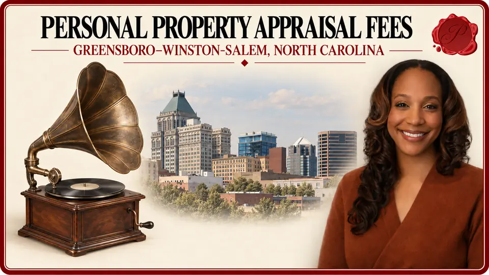 Personal property appraisal fees in Greensboro–Winston-Salem, North Carolina, illustrated by a horn phonograph, an appraiser and the Greensboro skyline.