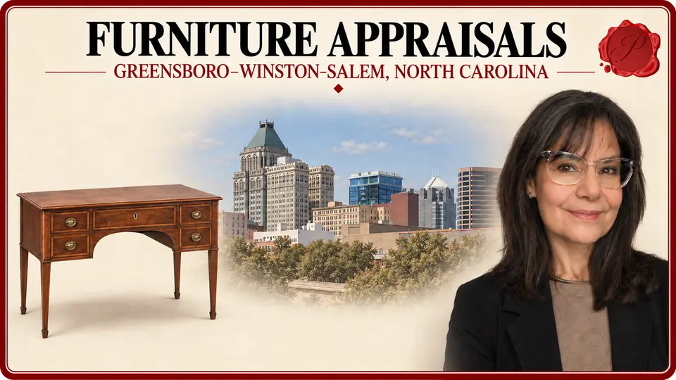 Furniture appraisals in Greensboro–Winston-Salem, North Carolina, illustrated by a wooden writing desk, an appraiser and the Greensboro skyline.