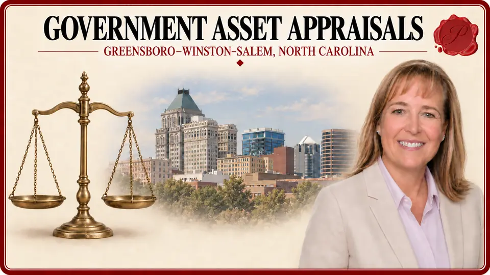 Government asset appraisals in Greensboro–Winston-Salem, North Carolina, illustrated by a balance scale, an appraiser and the Greensboro skyline.