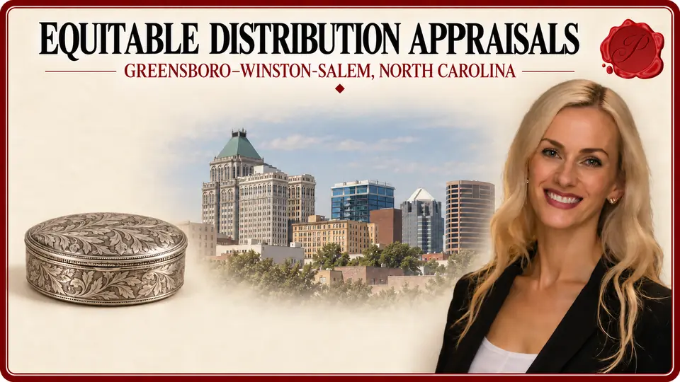 Equitable distribution appraisals in Greensboro–Winston-Salem, North Carolina, illustrated by an engraved oval box, an appraiser and the Greensboro skyline.