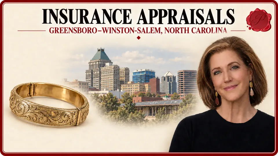Insurance appraisals in Greensboro–Winston-Salem, North Carolina, illustrated by an engraved bracelet, an appraiser and the Greensboro skyline.