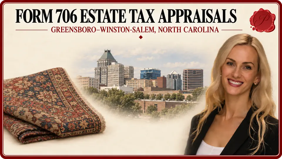 Form 706 estate tax appraisals in Greensboro–Winston-Salem, North Carolina, illustrated by a patterned rug, an appraiser and the Greensboro skyline.