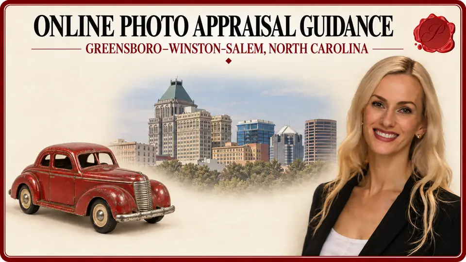 Online photo appraisal guidance in Greensboro–Winston-Salem, North Carolina, illustrated by a tin-style toy automobile, an appraiser and the Greensboro skyline.