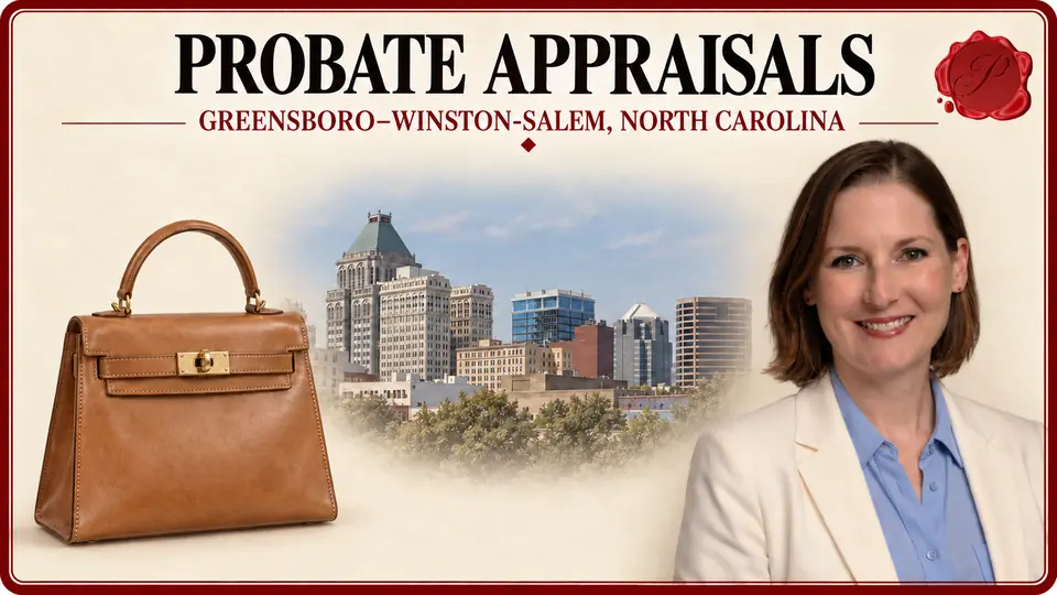 Probate appraisals in Greensboro–Winston-Salem, North Carolina, illustrated by a structured handbag, an appraiser and the Greensboro skyline.
