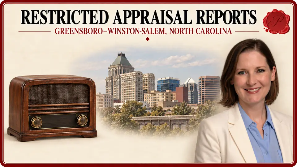 Restricted appraisal reports in Greensboro–Winston-Salem, North Carolina, illustrated by a wood-cased radio, an appraiser and the Greensboro skyline.