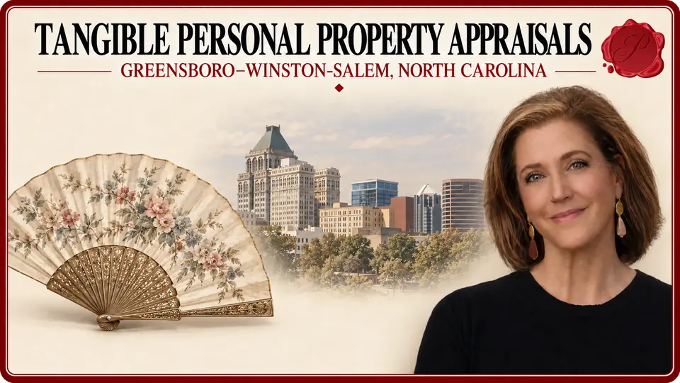 Tangible personal property appraisals in Greensboro–Winston-Salem, North Carolina, illustrated by a floral folding fan, an appraiser and the Greensboro skyline.