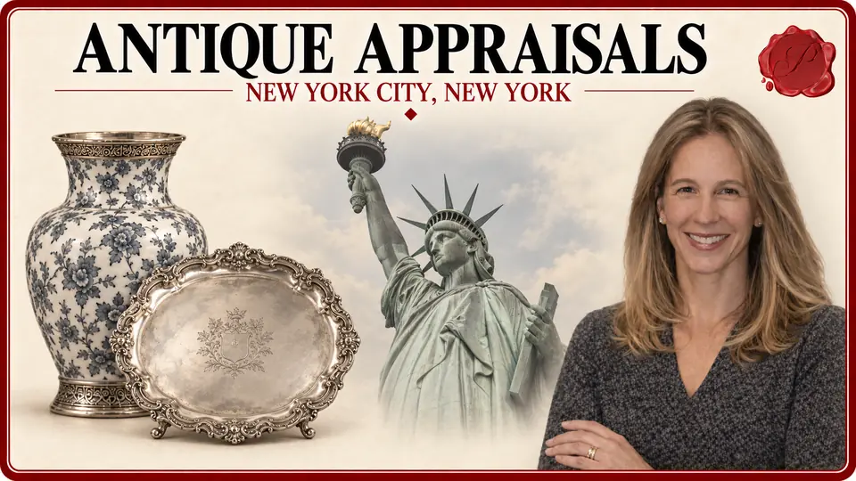 Antique appraisals in New York City, New York: antique porcelain vase and silver salver, the Statue of Liberty and an appraiser.