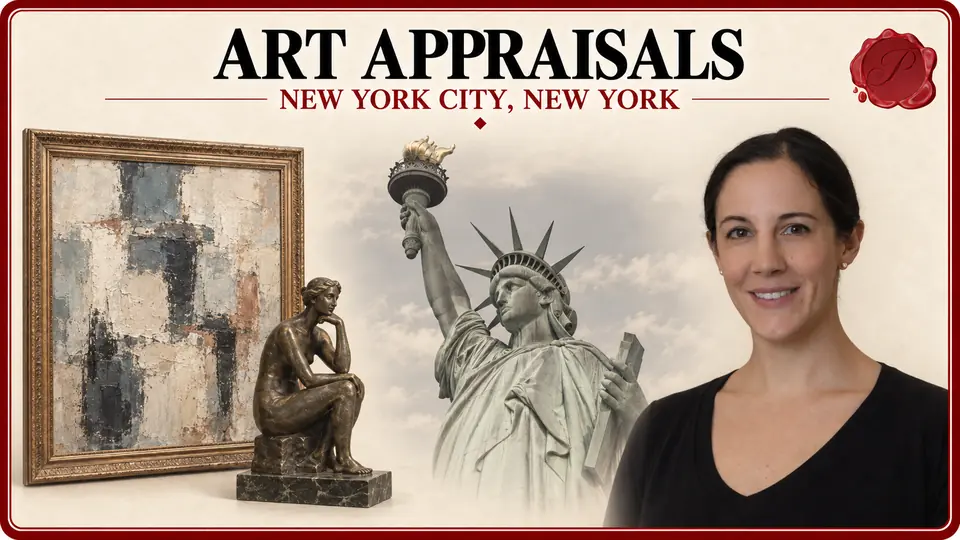 Art appraisals in New York City, New York: framed abstract oil painting and small bronze sculpture, the Statue of Liberty and an appraiser.