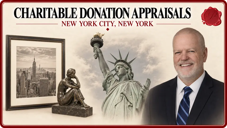 Charitable donation appraisals in New York City, New York: framed contemporary photograph and small bronze sculpture, the Statue of Liberty and an appraiser.