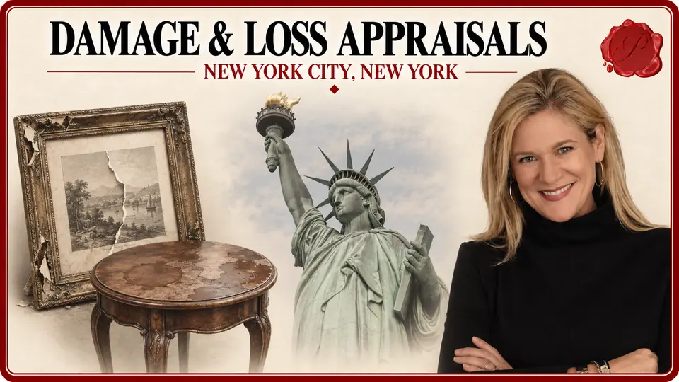 Damage & loss appraisals in New York City, New York: damaged frame with torn print and water-marked side table, the Statue of Liberty and an appraiser.