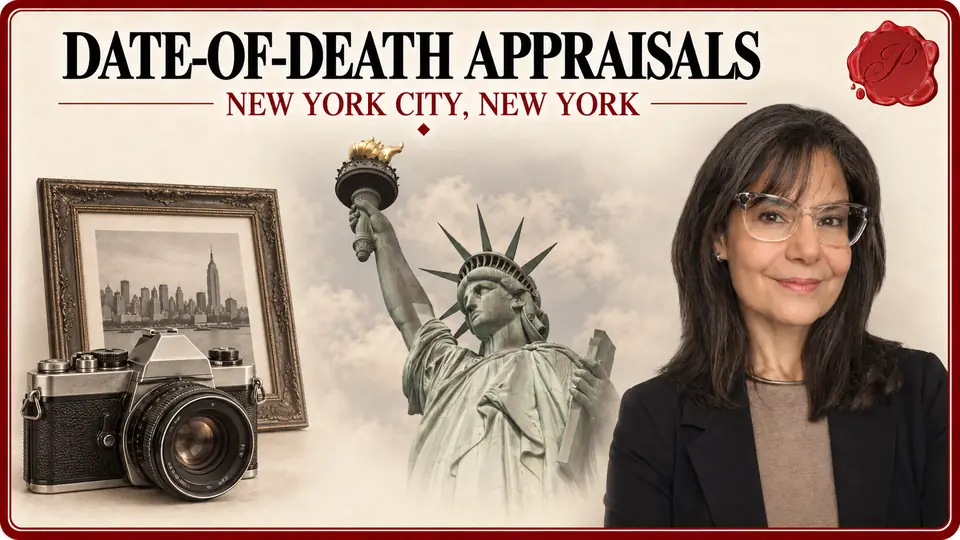 Date-of-death appraisals in New York City, New York: vintage camera and framed black-and-white photograph, the Statue of Liberty and an appraiser.