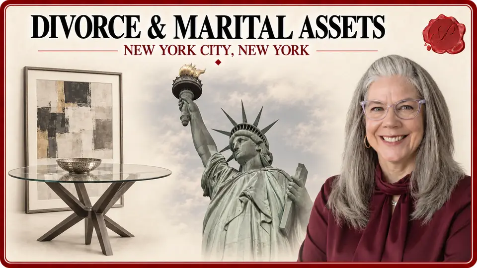 Divorce & marital assets in New York City, New York: glass dining table and framed abstract print, the Statue of Liberty and an appraiser.
